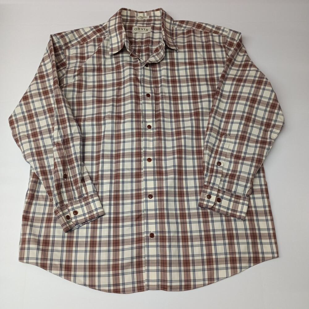Orvis Shirt Men's Size 2XL‎ Brown Beige Plaid Long Sleeve